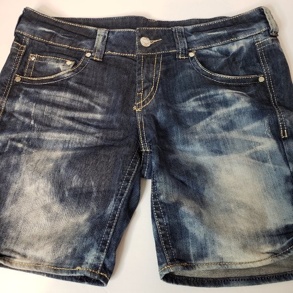 Buffalo Jackson Mid Rise Bermuda Denim Shorts size 30 32 Acid Wash Distressed - Picture 1 of 9